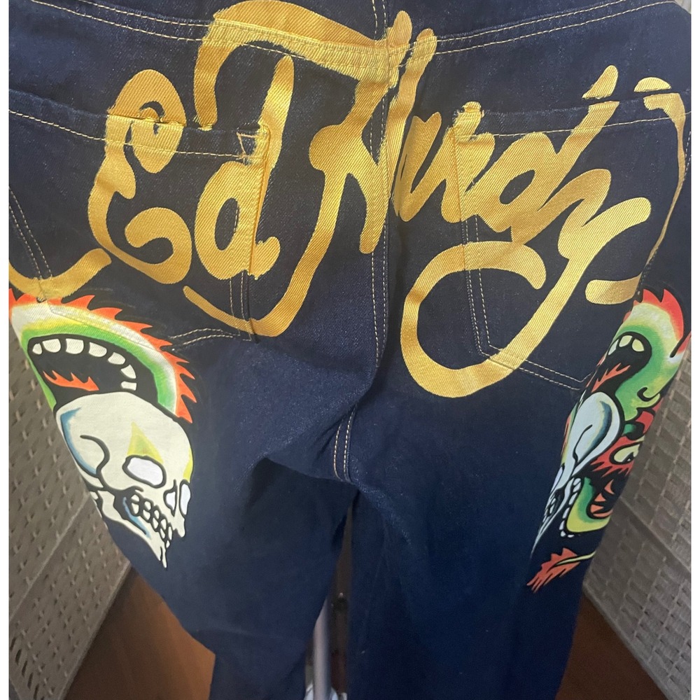 Ed Hardy Mens Baggy Wide Leg Jeans Indigo Blue Skull Tattoo Graphics Size 40 NWT